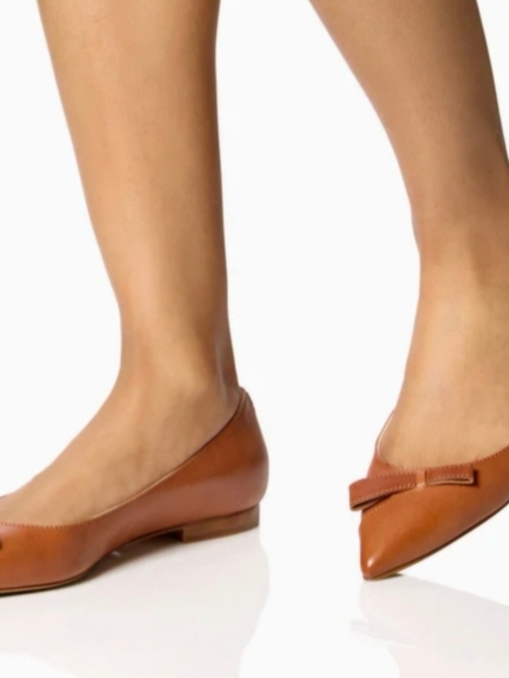 Sarah Flint Tan Leather Pointed-Toe Flats with Bow